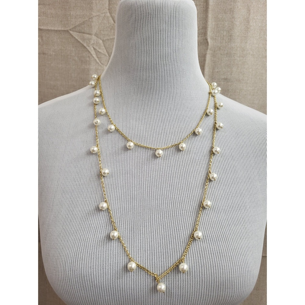 Talbots Gold Tone Faux White Pearl Station Long Necklace NWT New in Box Classy